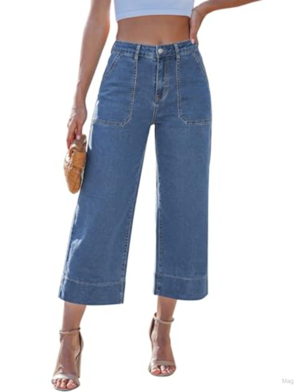 Wide Leg High Waisted Stretch Denim Capri Jeans Women Trendy Casual Summer